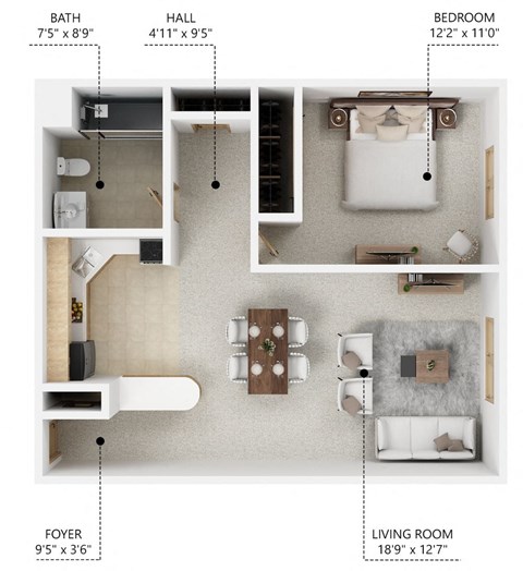 Floor plan for 1 bed, 1 bath, 676 sqft
